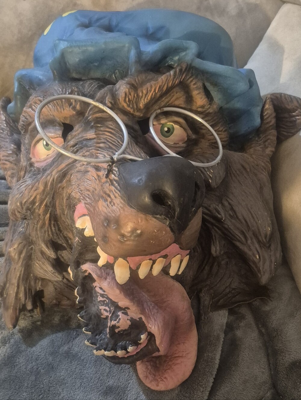 Vintage Big Bad Wolf Grandma Latex Mask Head Nightcap Glasses Halloween Prop AS